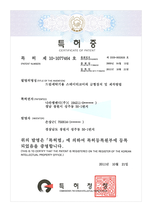 특허증

특허 제 10-1077464호

출원번호 : 제 2009-0032826일
출원일 : 2009년 04월 15일
등록일 : 2011년 10월 21일

발명의 명칭 : 드럼세탁기용 스테이터코어의 금형장치 및 제작방법

특허권자 : 나라엠앤디 (주) (194211-0******)
경남 창원시 성주동 50-1번지

발명자 : 손상근 (750614-1******)

경상남도 창원시 성주동 50-1번지

위의 발명은 특허법에 의하여 특허등록원부에 등록되었음을 증명합니다.
(THIS IS TO CERTIFY THAT THE PATENT IS REGISTERED ON THE REGISTER OF THE KOREAN INTELLECTUAL PROPERTY OFFICE.)

2011년 07월 06일

특허청장

연차등록료 납부일은 설정등록일 이후 4년차부터 매년 02월 11일까지이며 등록원부로 권리관계를 확인바랍니다.